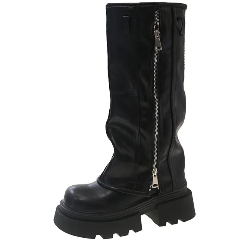 

Top Quality Women's Winter Fashion Rivet Color Blocking Side Zipper Thick High Heel Square Head Motorcycle Boots Catwalk Boots