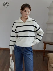 DUSHU Winter Thickened Half-open Zipper Lapel Striped Sweater Women Slim Black White Striped Loose Short Knit Sweater Women Tops