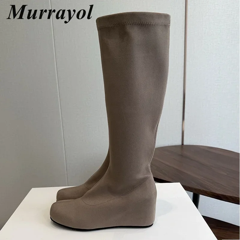Knee-High Boots Women Cow Suede Round Toe Zip Design Height-Increasing Insoles Long Booties Ladies Autumn Winter Vacation Shoes