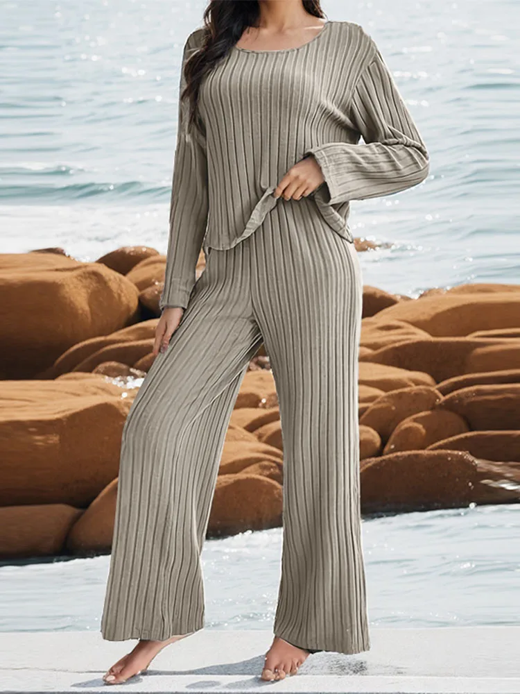 ZANZEA Homewear Leisure Pant Sets Long Sleeve O Neck Blouse Women Casual Loose Ribbed Knitted 2pcs Outfits Autumn 2-Piece Sets