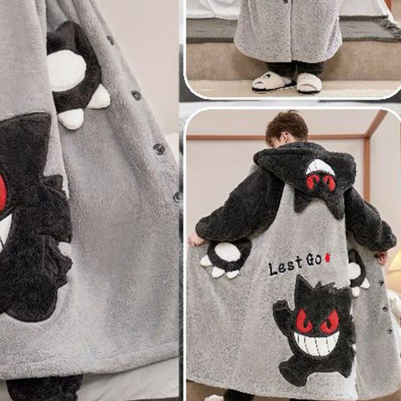Oversized Panda Pattern Man Winter Flannel Pajama Set 3D Ear Hooded Robe with Paw Pockets Warm Plush Sleepwear Loungewear Suit