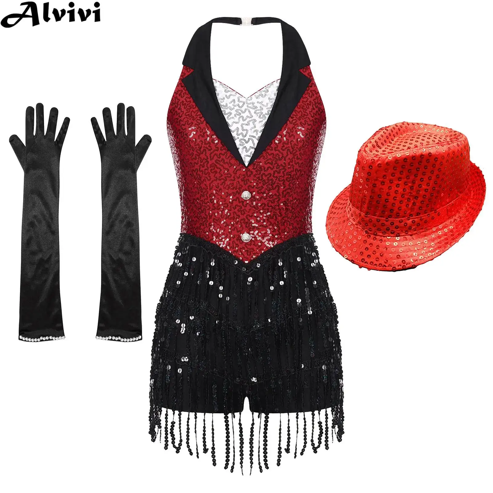 Women Jazz Latin Dance Performance Costume Sequin Tassel Leotard Dress with Gloves Hat for Cha-cha Samba Rumba Ballroom Tango