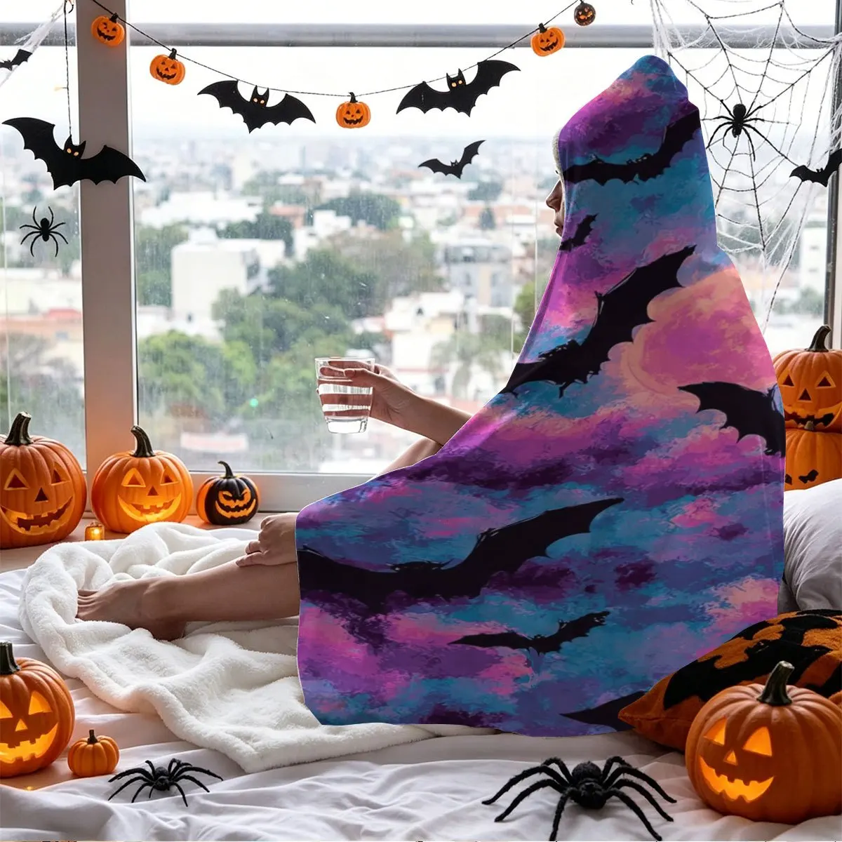 Laser Purple-Blue Starry Sky Bat Halloween Themed Flannel Hooded Blanket, Wearable Blanket, Halloween Home Decor Blanket