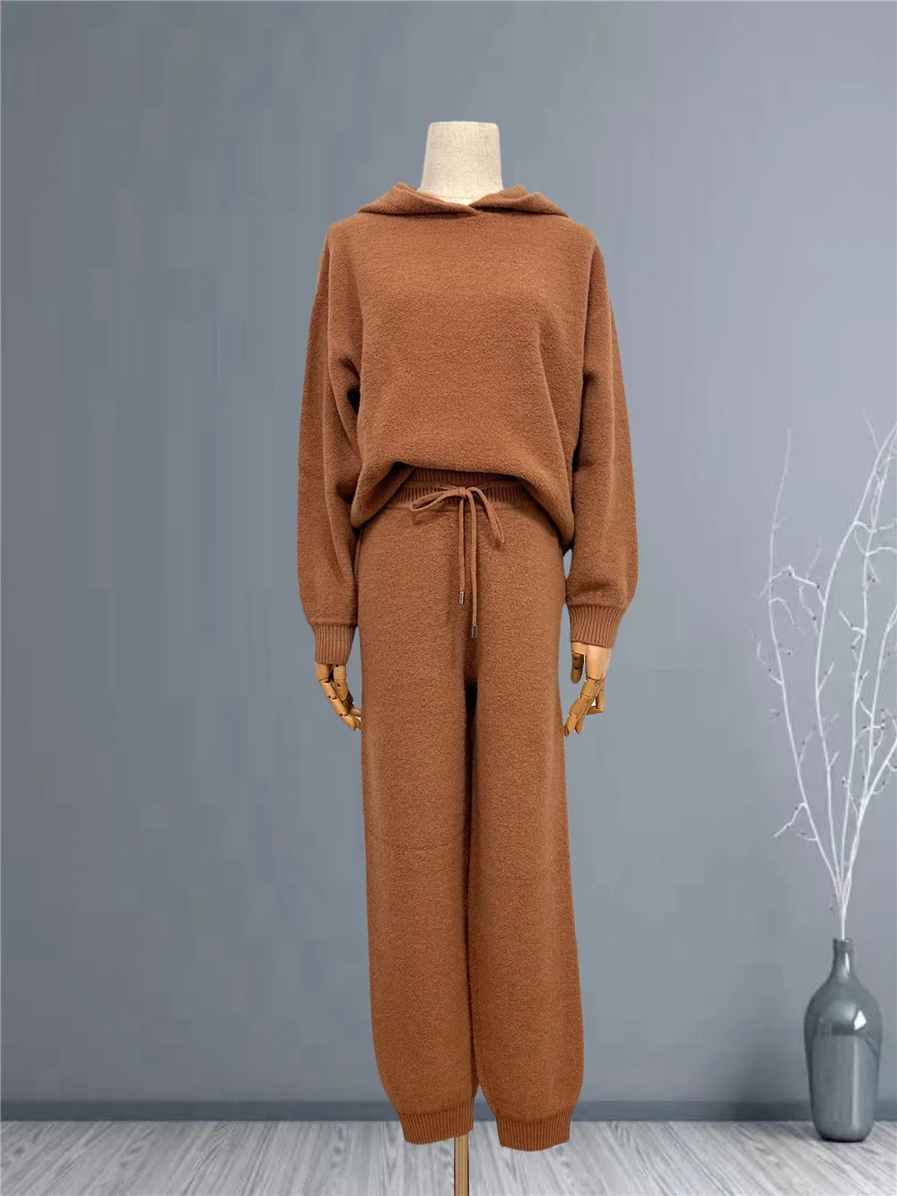 L*P Cashmere Wool Knitted Suit Women\'s Hooded Pullover Sweater+ Elastic Waist Casual Pants Two-piece Set Autumn and Winter