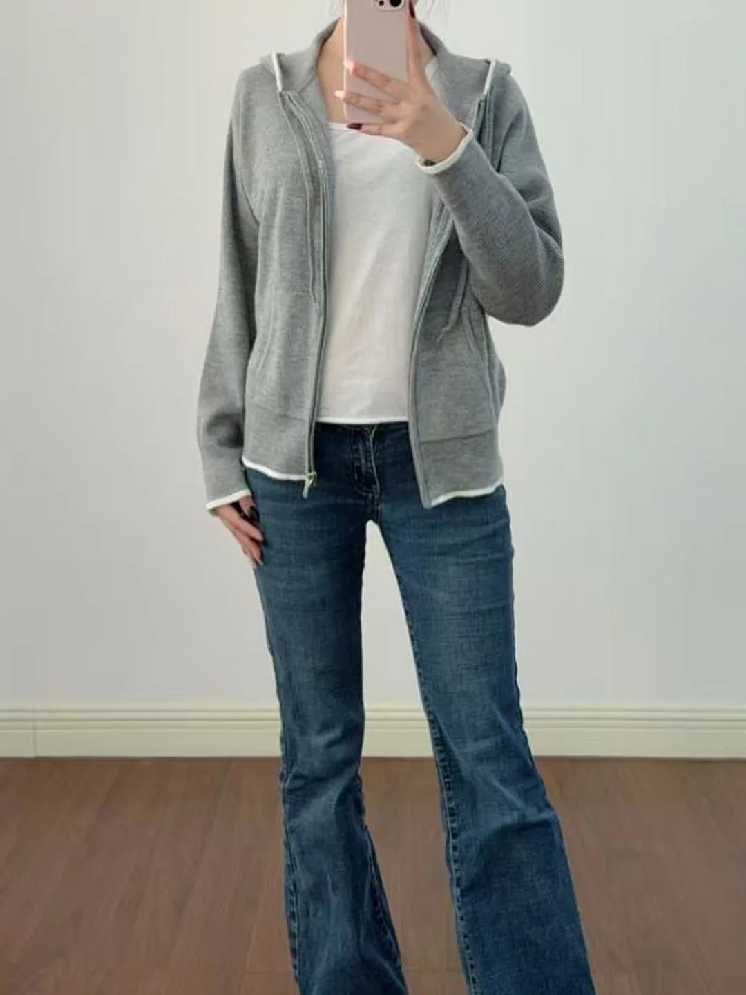 

Casual Hooded Knitted Open Cardigan Women's Slimming Outerwear Soft Double Knit Long Sve Zipped Soft Breathable