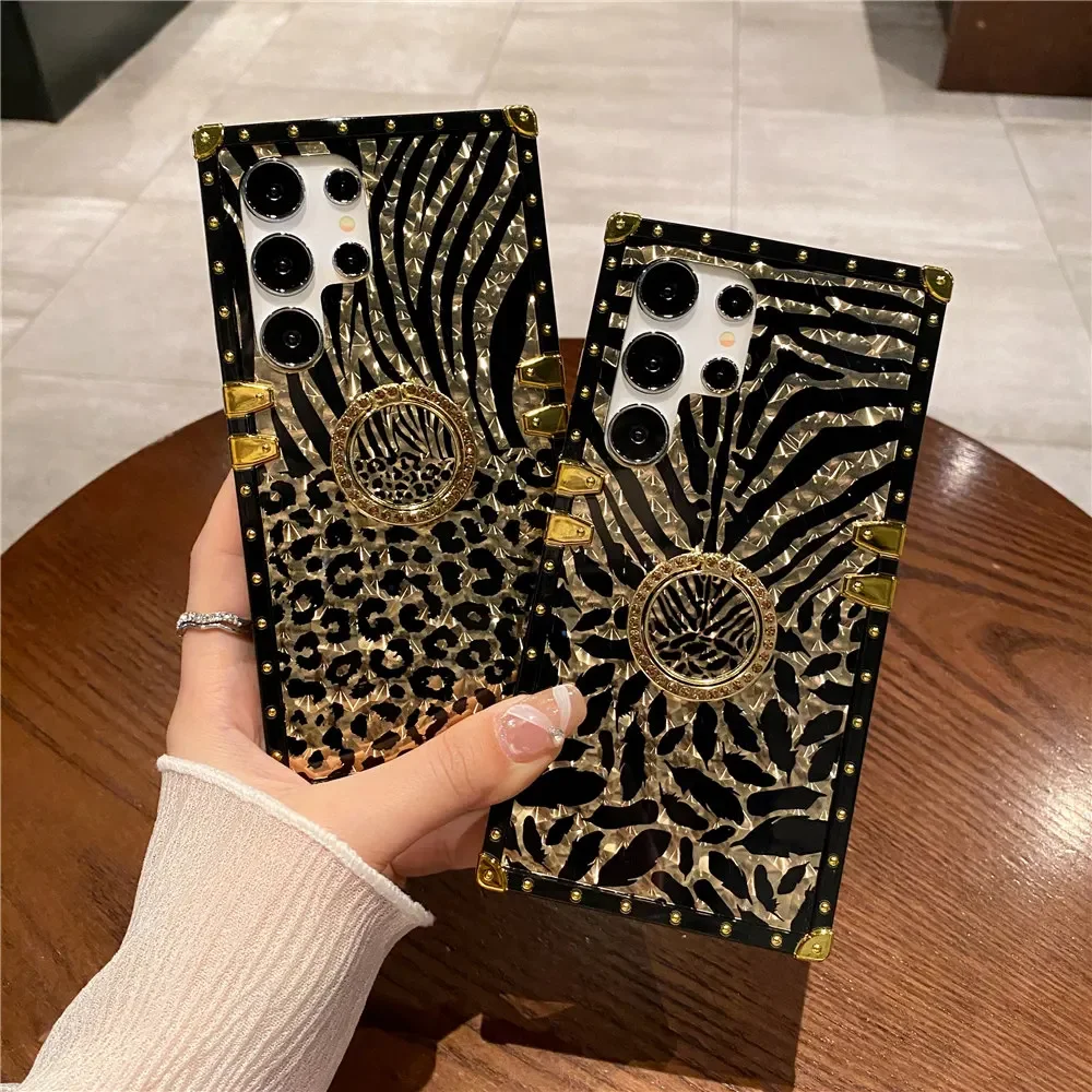 Feather Leopard Print Square Plating Case For Samsung Galaxy S23 S24 S22 S21 S20 Note 20 Ultra 10 9 S23 FE A54 Ring Holder Cover