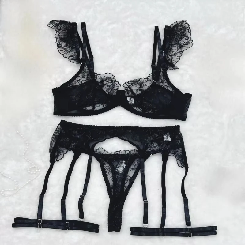 Bikini sexy lingerie with intricate embroidery, sheer mesh, and underwire bra4Set