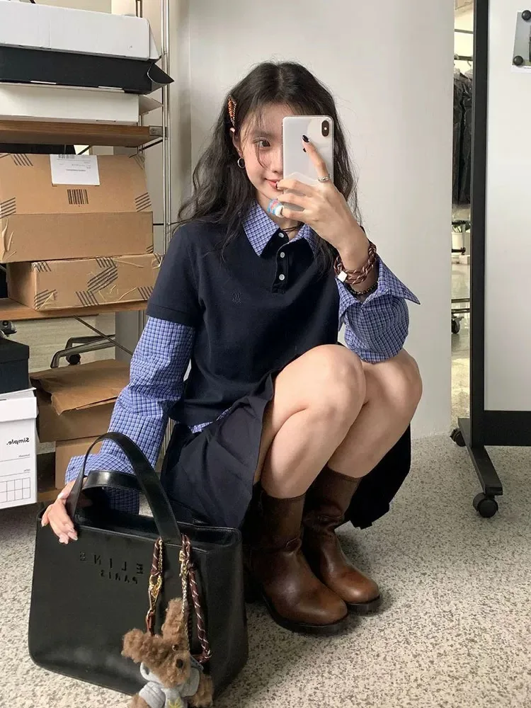 Início do outono faion faculdade sle irt colarinho falso conjunto de saia superior de duas peças sistema coreano conjunto de duas peças feminino ajuste regular