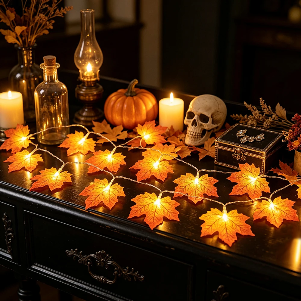 1pc/2pcs LED Artificial Maple Leaf Light String, 3M 20LED Fall Leave Light for Halloween, Thanksgiving, Day of the Dead Decor