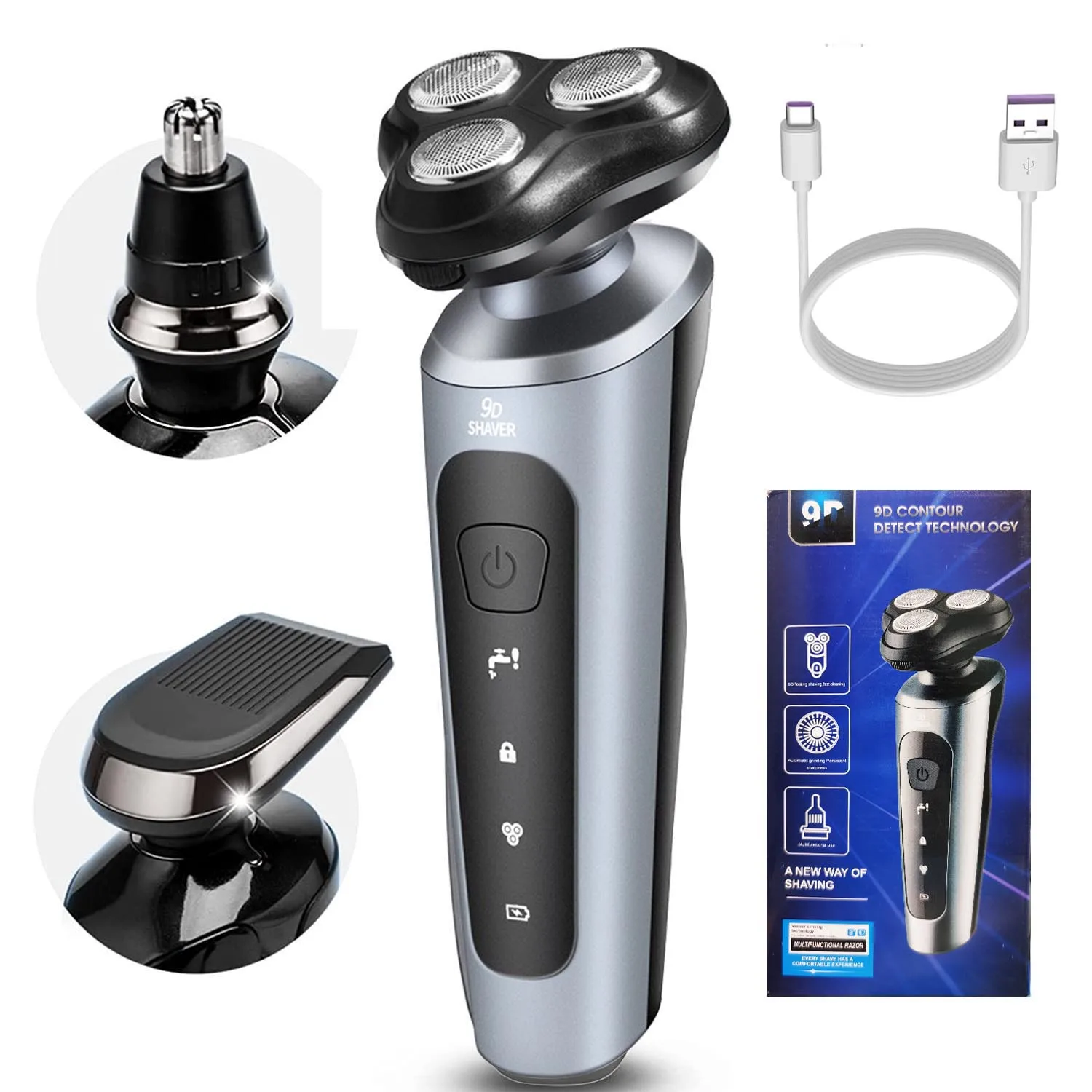 New Man Rasoio elettrico Rasoio per il viso USB Lavaggio completo del corpo Coltello per barba Rasoio ricaricabile tre in uno Trimmer ricaricabile