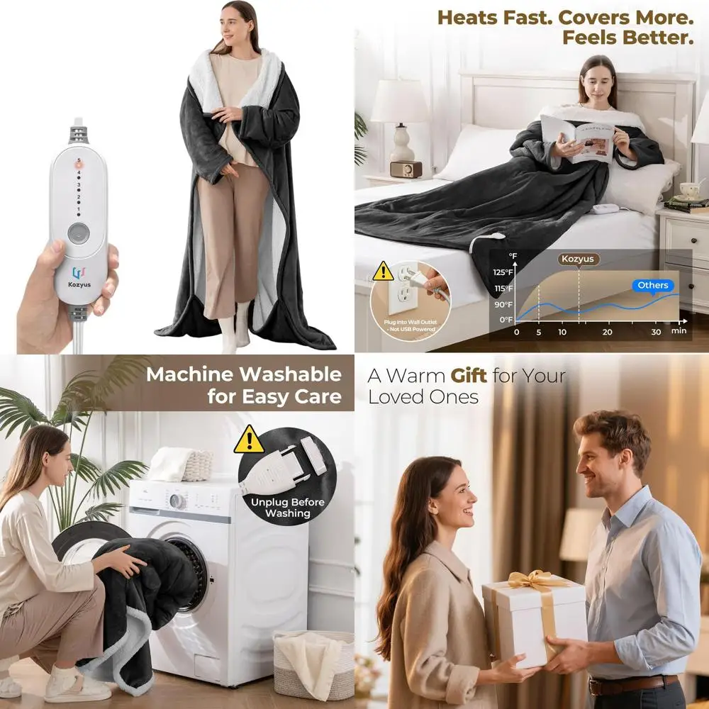 

Electric Heated Blanket with Foot and Sleeve Pockets, 5-Level Warmth, Auto-Off, Washable, Grey, Unisex, 50x70