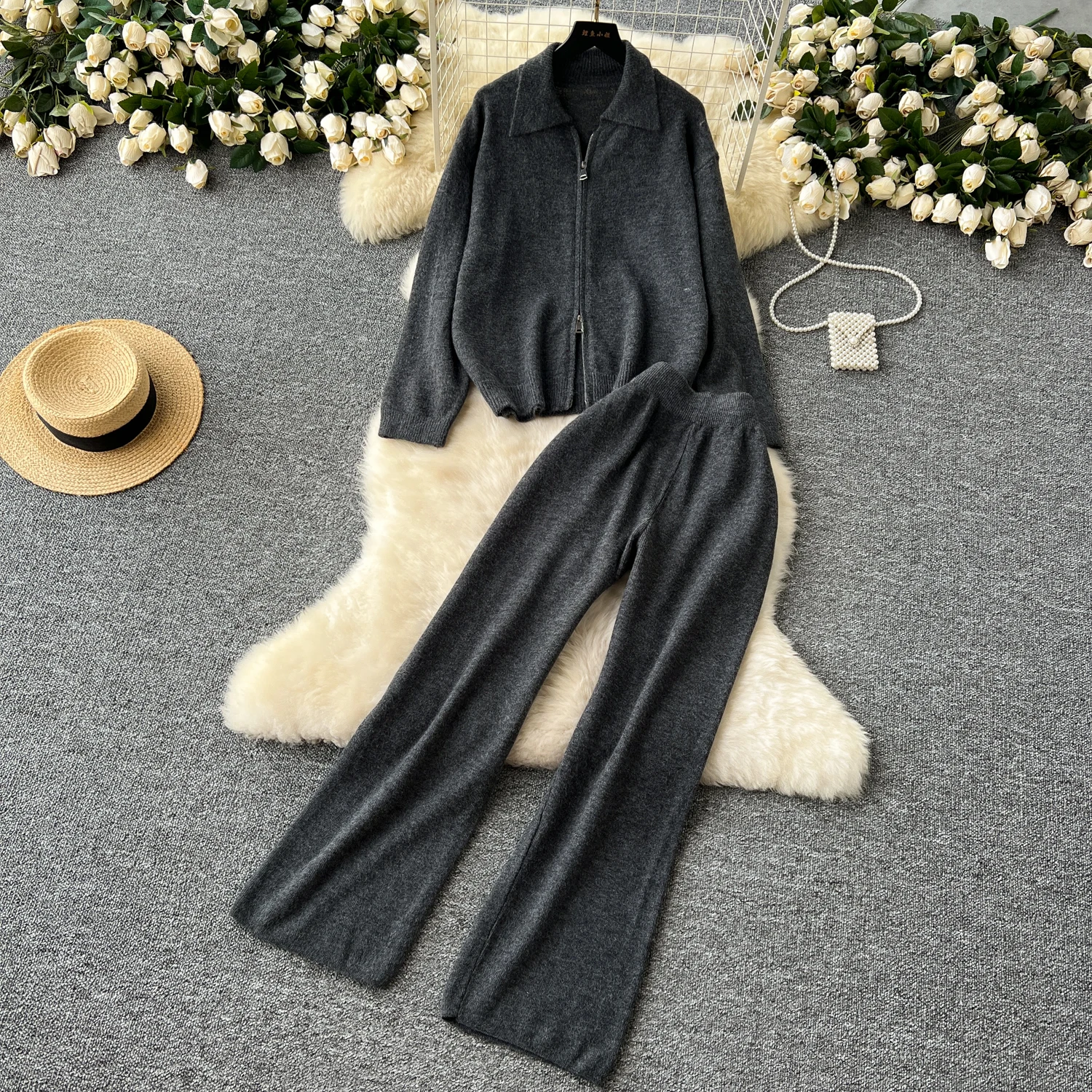 REALEFT Autumn Winter 2 Pieces Women\'s Sets Outfit Knitted Tracksuit Single Breasted Sweater and Straight Jogging Pant Suit 2024