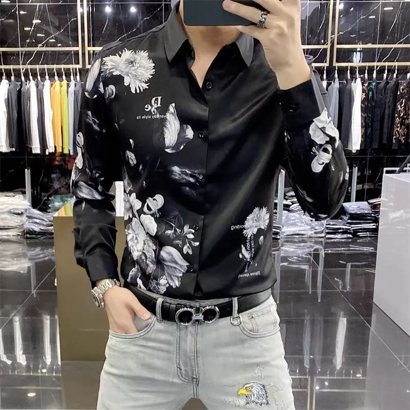 Spring Autumn New Printing Y2K Shirt Man High Street Turn-down Collar Long Sleeve Button Patchwork Cardigan Fashion Office Tops