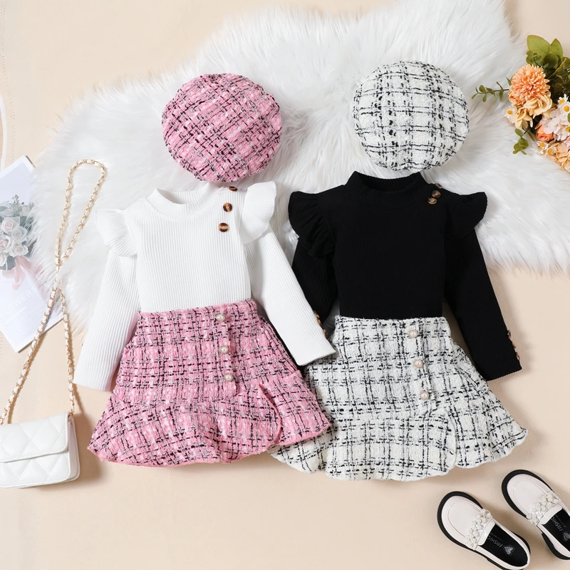 Kids Clothes Girl Fall Winter Outfits Ruffles Ribbed T-Shirts+Plaid A-Line Short Skirt+Berets Hats Children's Sets