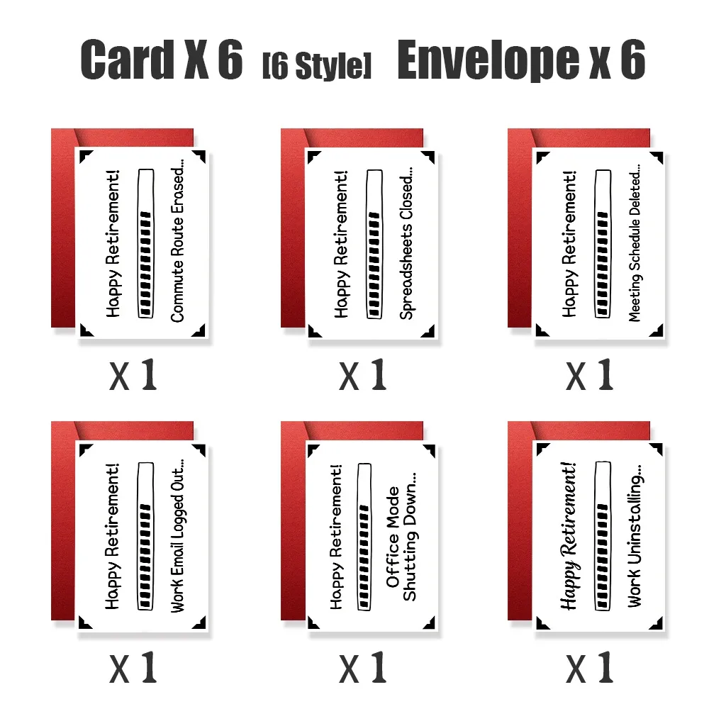 

12 sets (6 cards + 6 envelopes) Fun workplace themed retirement greeting cards, funny office style retirement cards, colleague/b