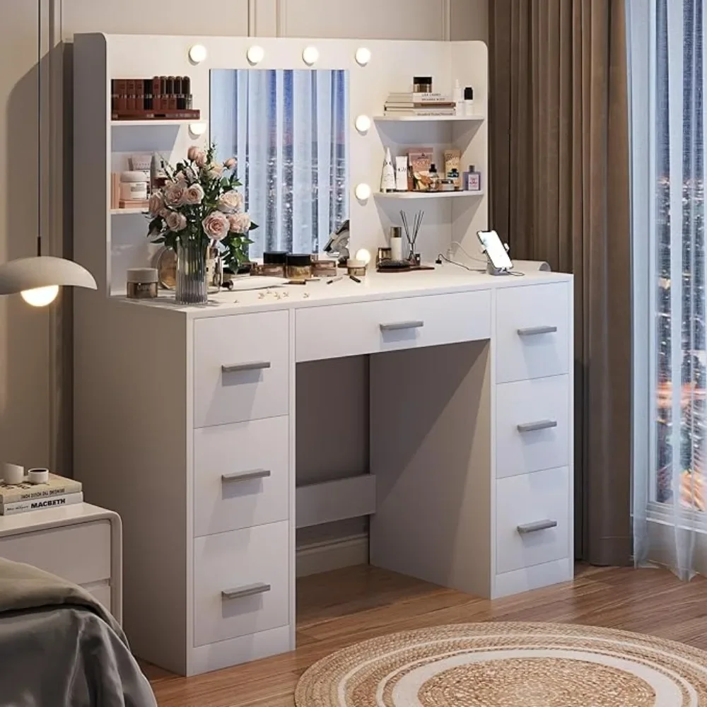 Vanity Desk with Mirror, Power Outlet and 10 Lights, Makeup Table with 4 Drawers, 3 Color Modes Available for Bedroom, White