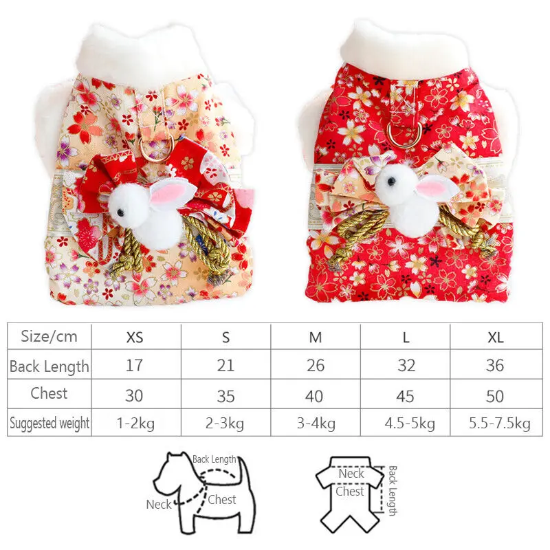 Japanese Warm Cat and Dog Coat, Princess Sakura Kimono, Bow-knot Pet Clothes, Jacket, Flower Printing, Supplies