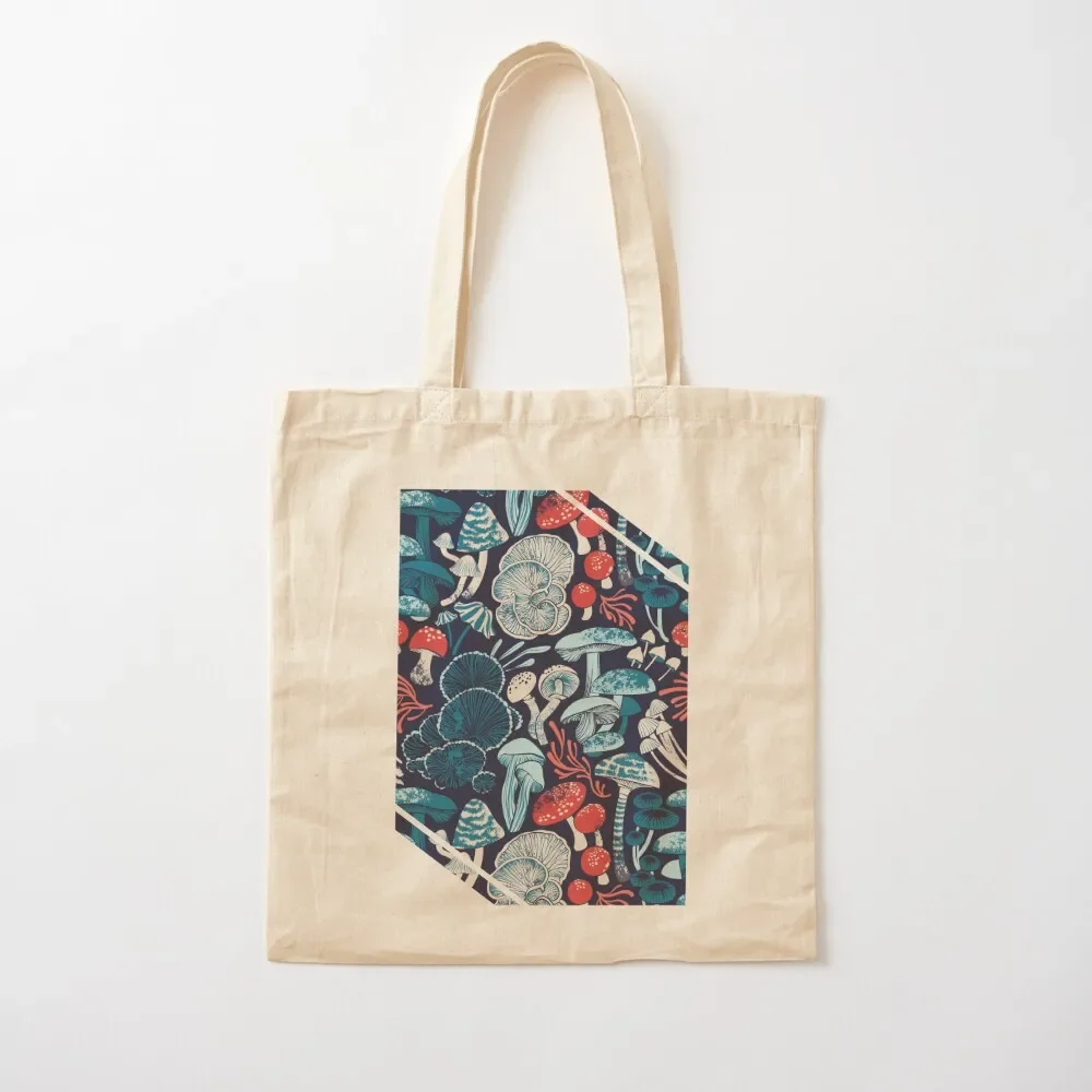 

Mystical fungi // midnight blue background aqua teal coral and red wild mushrooms Tote Bag Shopper bag Women's handbag Bag