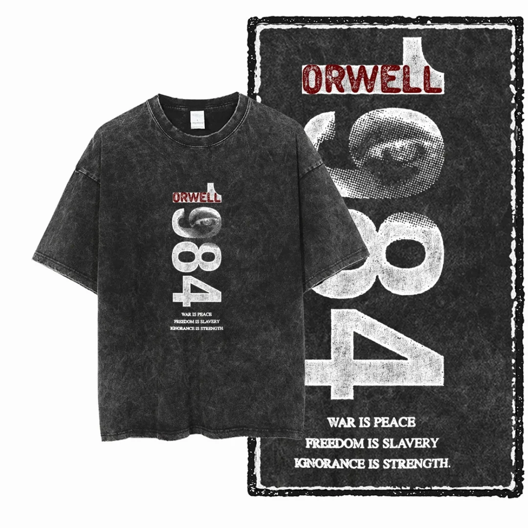 

Vintage Washed Orwell 1984 Graphic Anti-Utopia Slogan Men T Shirt Oversized Black T-Shirt Retro-aged Casual Streetwear