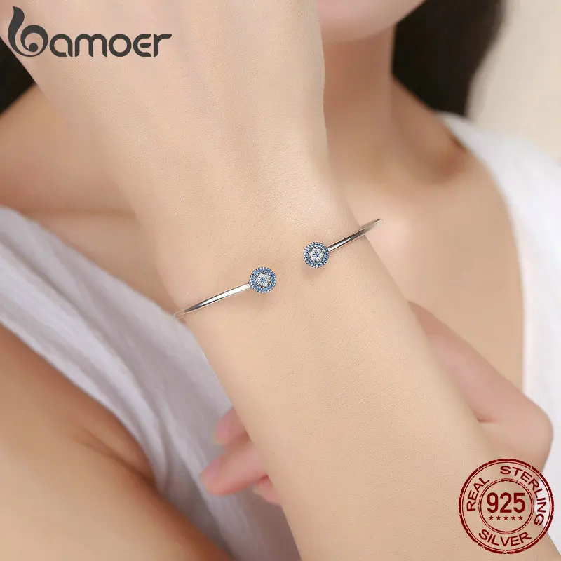 BAMOER 100% 925 Sterling Silver Blue Zircon Lucky Eyes Bracelet for Women Open Cuff Bangle Classic Luxury Jewelry SCB058