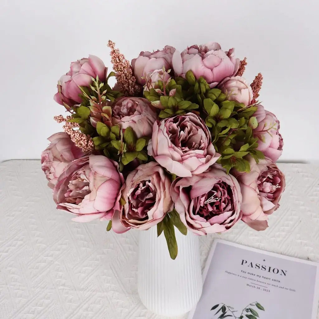 زهور الفاوانيا الاصطناعية ذات 13 رأسًا على الطراز الأوروبي - أزهار حريرية واقعية للديكور المنزلي، قطع تحف الزفاف #2