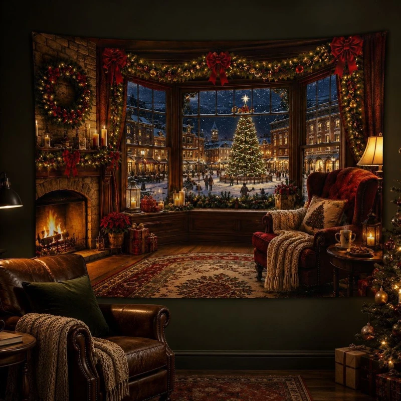VIKAMA Christmas Fireplace Window Snow Wall Tapestry Stone Mantel Tree Town Square Red Armchair Candle Wreath Cozy Holiday Decor