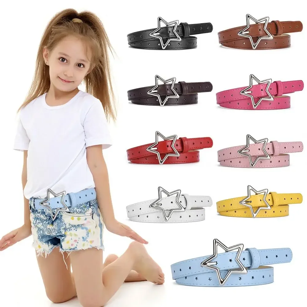 Children Kids Adjustable Metal Snap Leather Belt Girls Boys Five Pointed Star PU Buckle Belts Waistband Waist Belt Waist Strap