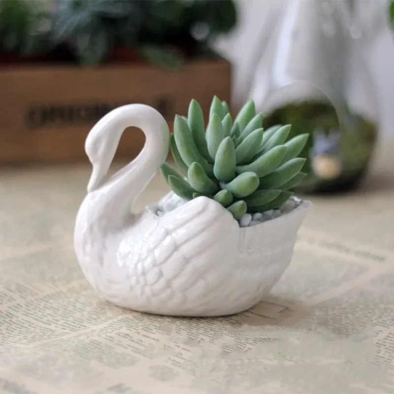 White Ceramic Flower Pot Swan Succulent Plant Pot Candlestick Jewelry Storage Tray Flowerpot White