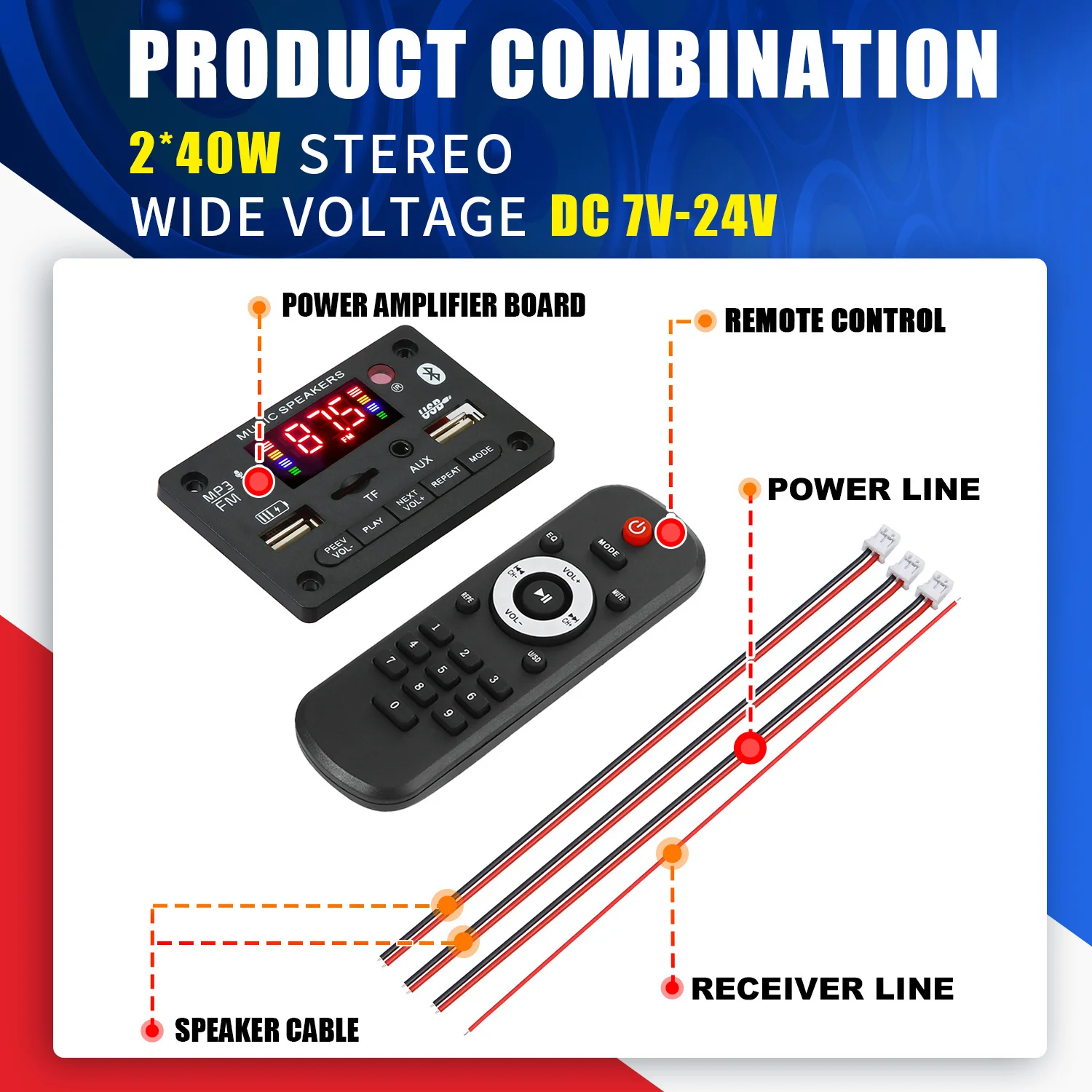 80W Amplifier MP3 WMA WAV Decoder Board USB Charging Bluetooth 5.0 Wireless Music Player 5V-20V Car FM Radio AUX Call Recording