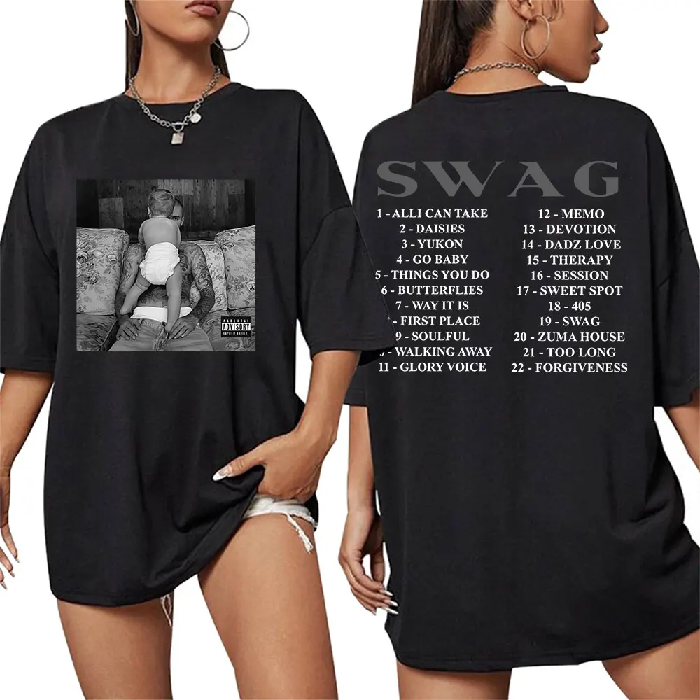 

Рэпер Джастин Бибер SWAG Tour 2025 Летняя футболка из 100% чистого хлопка с принтом Женская готическая футболка с коротким рукавом в стиле хип-хоп большого размера