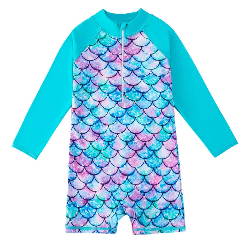 2024 Summer Girls Mermaids Long Sleeves Round Neck One-piece Swimsuit For 4-12Years Children Fish Scale 3D Print Bathing Suit