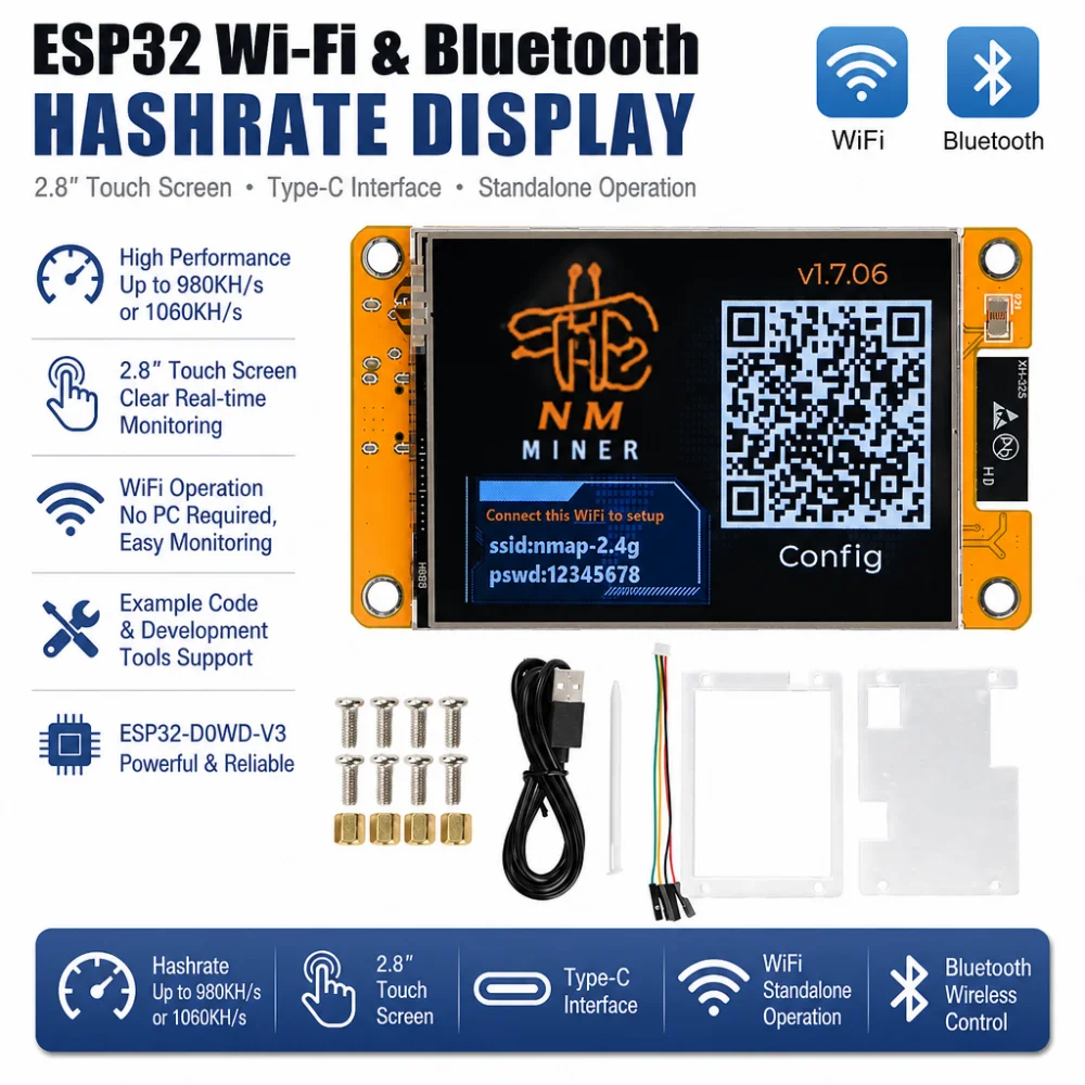 ESP32 Wi-Fi & Bluetooth development board, 2.8-inch 240×320 smart touchscreen, suitable for hash rate calculations, Type-C port