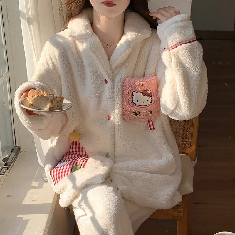 Sanurgente-Ensemble de pyjama Hello Kitty pour femme, cardigan en polaire à manches longues, vêtements de détente chauds et décontractés, Campand'hiver, nouveau