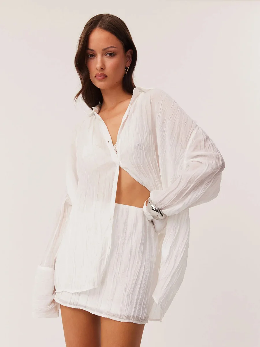 Bornladies 2026 Spring Summer New Shirt Skirt Set Ruffled Texture Sheer Shirt Mini Skirt Vacation Lazy Style Two Piece Outfit view 3