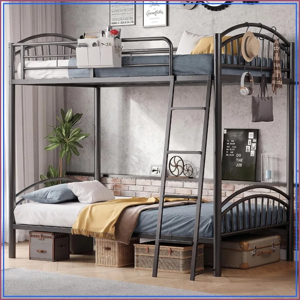 Twin Over Twin Metal Bunk Bed with Caddy, Convertible Ladder & Flat Rungs for Adult Teen