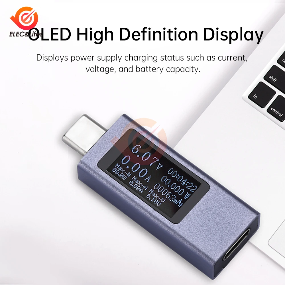 USB Tester DC Type-C PD Digital Voltmeter Amper Voltage Current Monitor Ammeter Detector Power Bank Charger Capacity Meter 12A