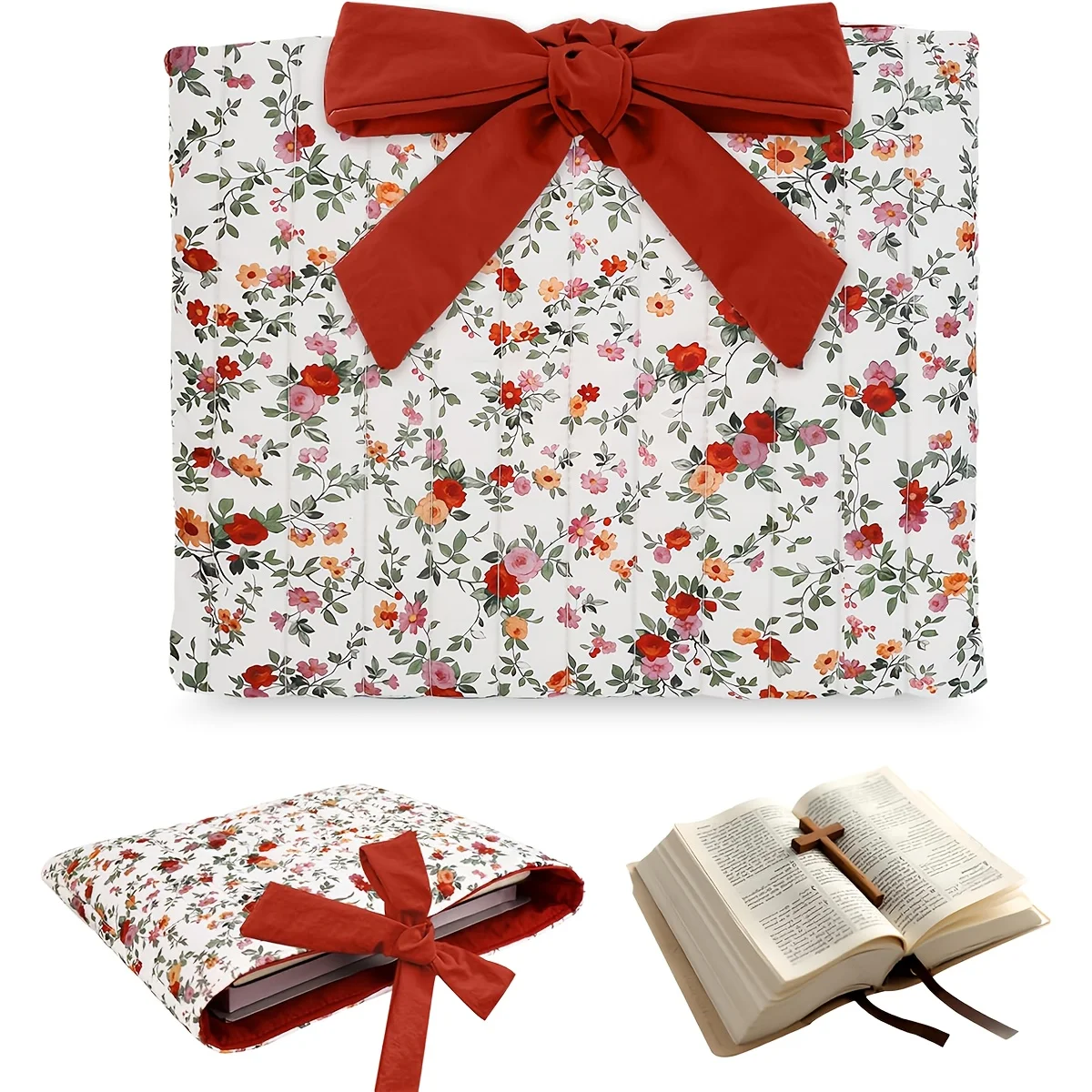 Floral Book Storage Bag with Bow Tie Quilted Small Cloth Bag with Large Capacity Cosmetic Bag, Versatile, Practical, Lightweight