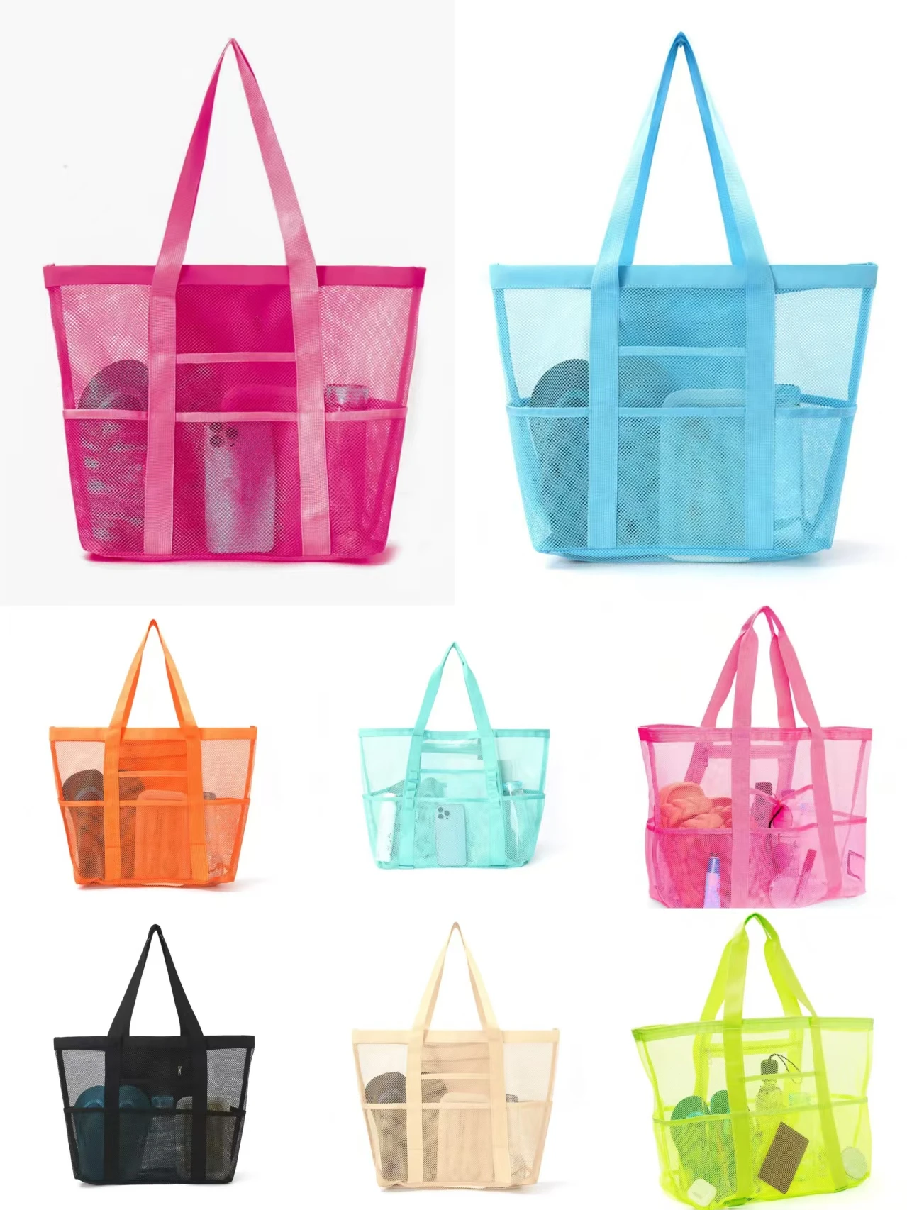 Multi-pocket large-capacity breathable mesh tote bag, quick-drying, multi-compartment sports and swimming toiletry storage bag,