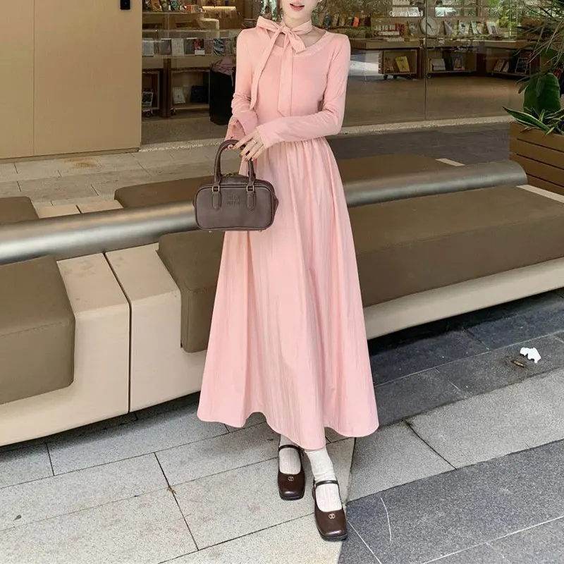 

Spring Autumn Halter Fashionable Drawstring Long Dress Round Neck Women's Clothing Long Sleeve Solid Color Aura Waist Dresses