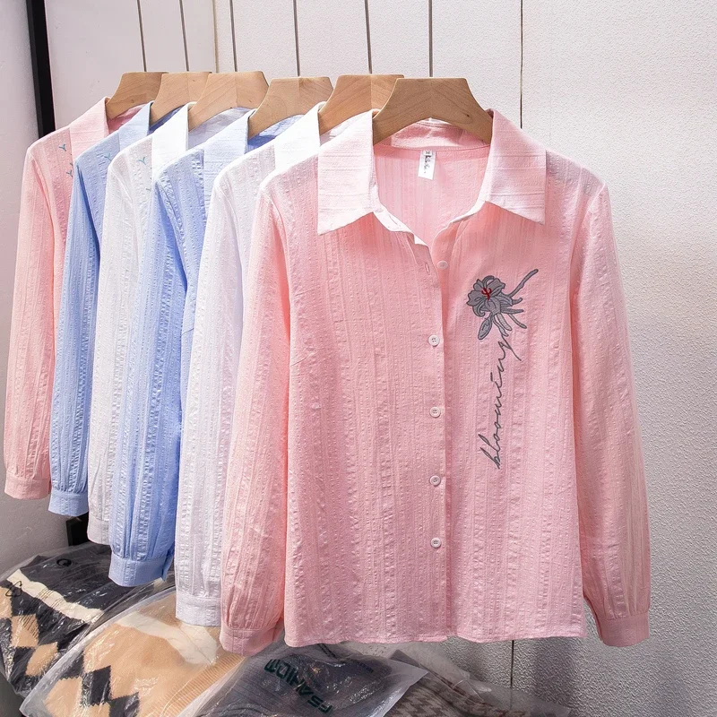 

Women's Embroidered Cotton Long Sleeve Shirt - Turn Down Collar Literary Lady Style Blouse for Spring 2025