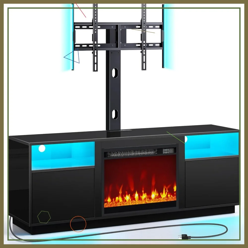 

Тумба под телевизор с LED-подсветкой и розетками, поворотное крепление для телевизоров 45-65 дюймов, регулируемая по высоте, черная.