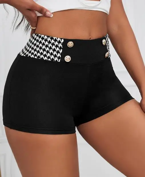 Women's Shorts 2026 New Spring Summer Fashion Houndstooth Print Slimming High Waist Elastic Button Design Casual Daily Shorts
