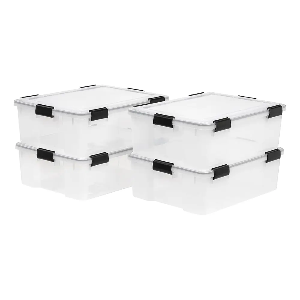 

Usa Weatherpro 41 Qt Storage Bins With Lids, 4 Pack, Bpa-Free Plastic Gasket Box With Tight Latch And Seal, Stackable Nestable