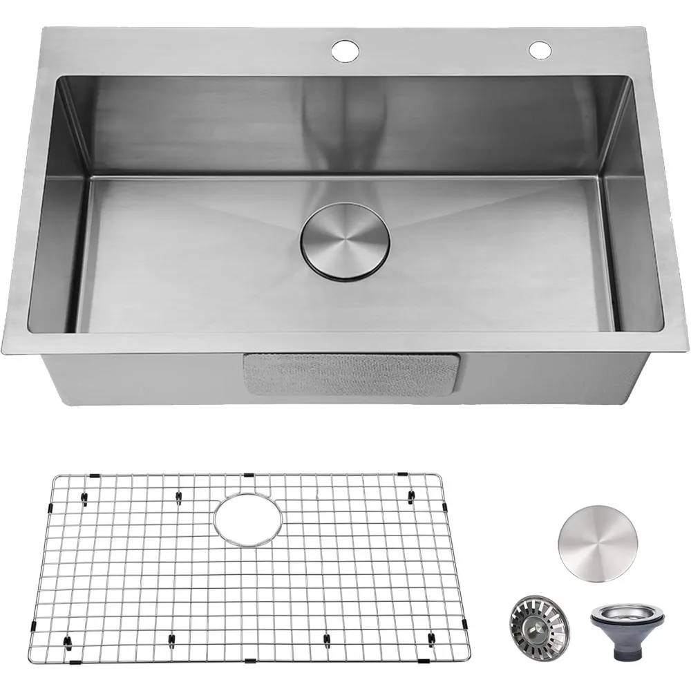 

30 inch drop in kitchen sink, topmount single bowl 304 stainless steel handmade satin finish kitchen sinks with dish grid