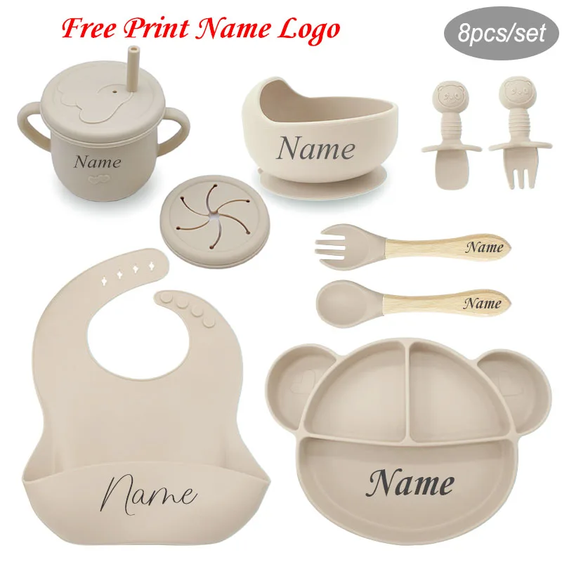 8Pcs Silicone Tableware Sets Personalized Name Baby Feeding Set Mickey Mouse Dinner Plate Kids Sucker Cups Bowl Straw Cup Spoons