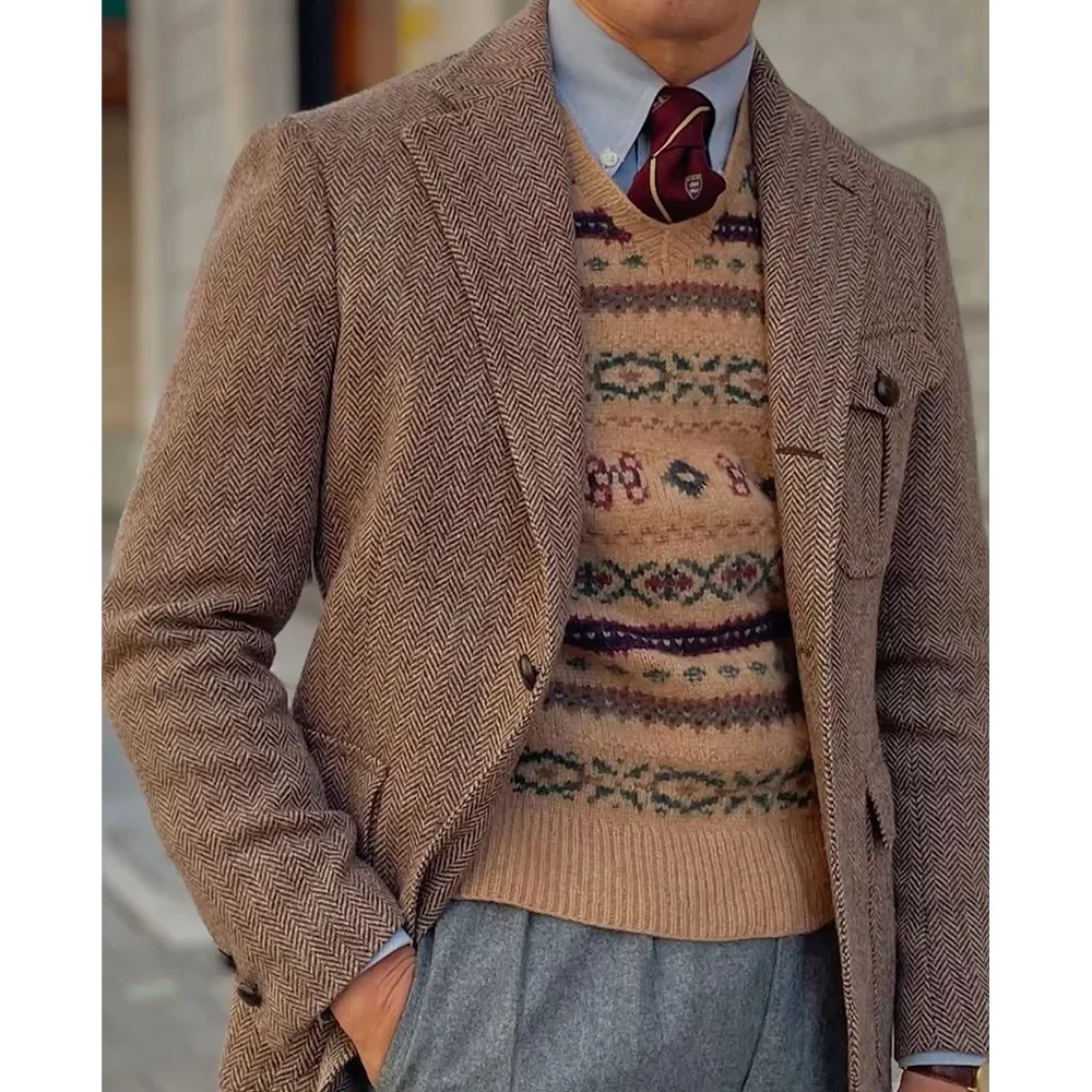 

Mens Blazer Suit Jacket Single Breasted Notch Lapel Herringbone Business Casual Tuxedo Coat Slim Fit Waist Elegant Comfortable F