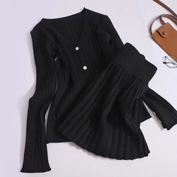 Women New Office Solid Knit Two Piece Set V-neck Single-breasted Long Sleeve Cardigan Top and High Waist Mini Pleated Skirt Suit