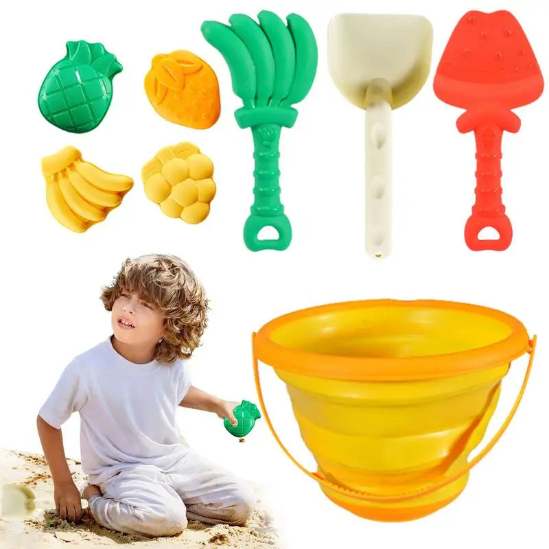 8pcs Children's Outdoor Beach Toys Fun Shovel Fruit Mold Beach Foldable Bucket Set Storage Sand Digging Tool Bucket Sand Toys