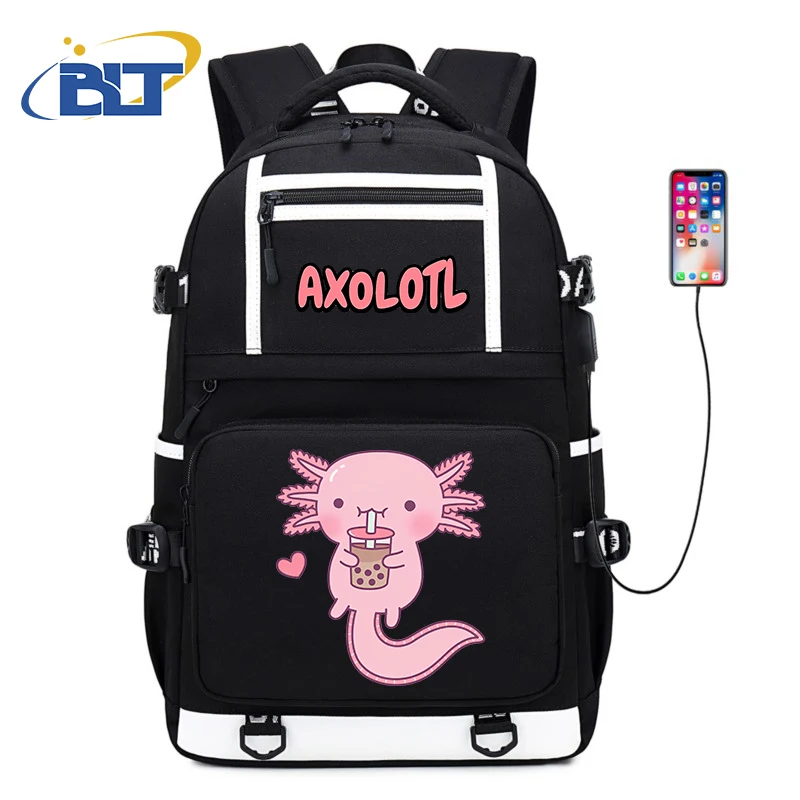 Cute Axolotl printed student backpack large capacity schoolbag outdoor travel bag kids back to school gift