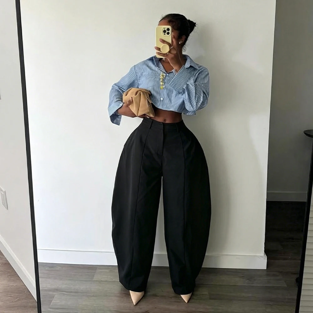 2026 Herbst Damen High-Waist Vertikale Naht Ballonhose Lose Weite Hose mit Knopf- und Reißverschluss Modische Streetwear Pendlerhose – Detail 6